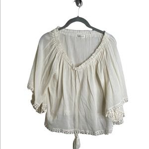 LoveShackFancy Dahlia Peasant Blouse 3/4 Sleeve Pleated V-Neck Cream Size 1